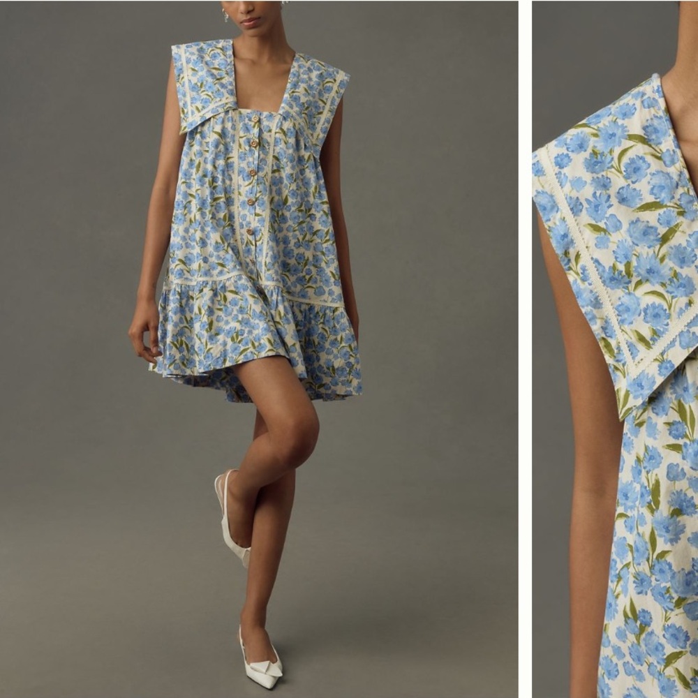 Maeve Anthropologie Collared Poplin Swing Mini Dress Blue NWT Sold Out Large